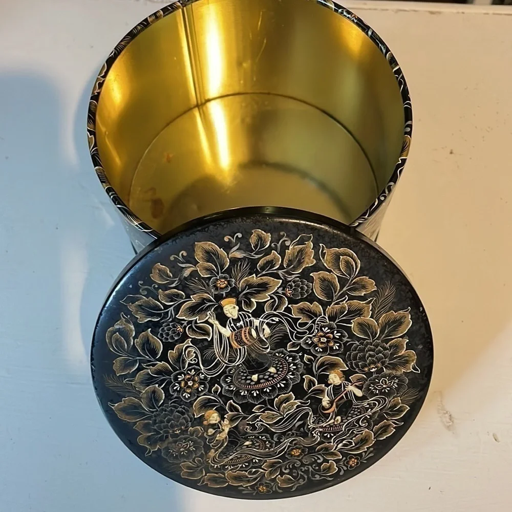 Powder Box Metal Container Made in England 1950s Vintage Tin Asian